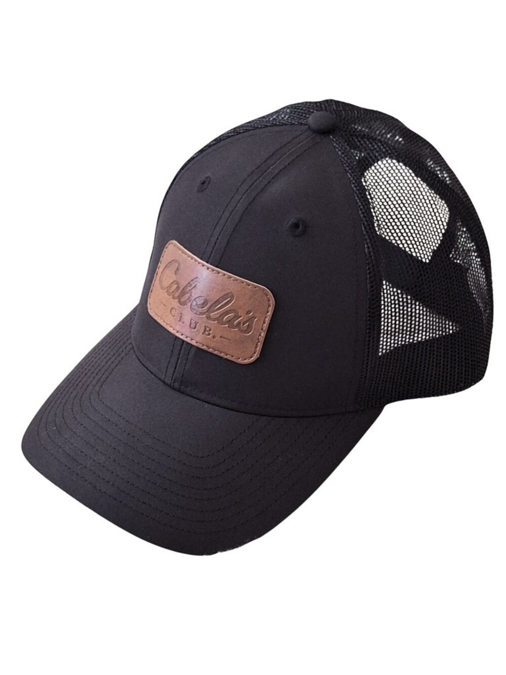Cabela’s Black Trucker Hat Brown Leather Patch Snapback Cap NWOT